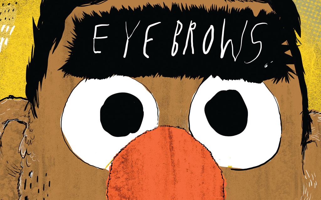 An illustration of a yellow cartoon character with a bushy “unibrow,” and the word “Eyebrows” written across it in white lettering.