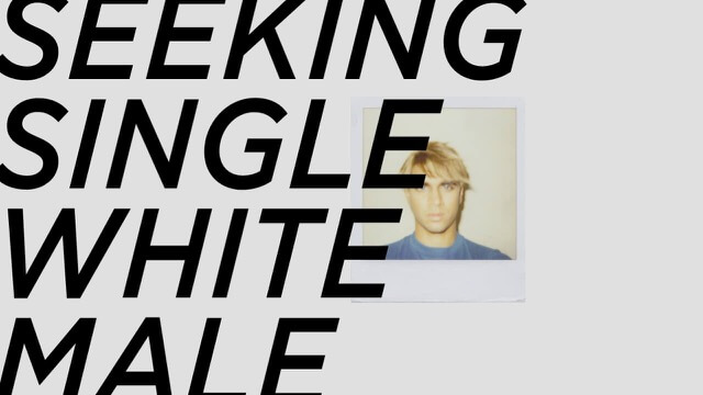 A Polaroid photo of a brown-skinned person with blond hair and blue eyes, overlaid with large text, ‘Seeking Single White Male’.